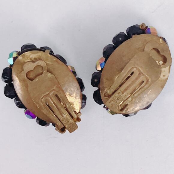 VTG Western German Glass AB Jet Black Cluster Clip On Earrings 1960s Cocktail - Picture 8 of 12